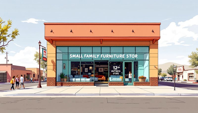 Illustration of a small furniture store on a sunny downtown street